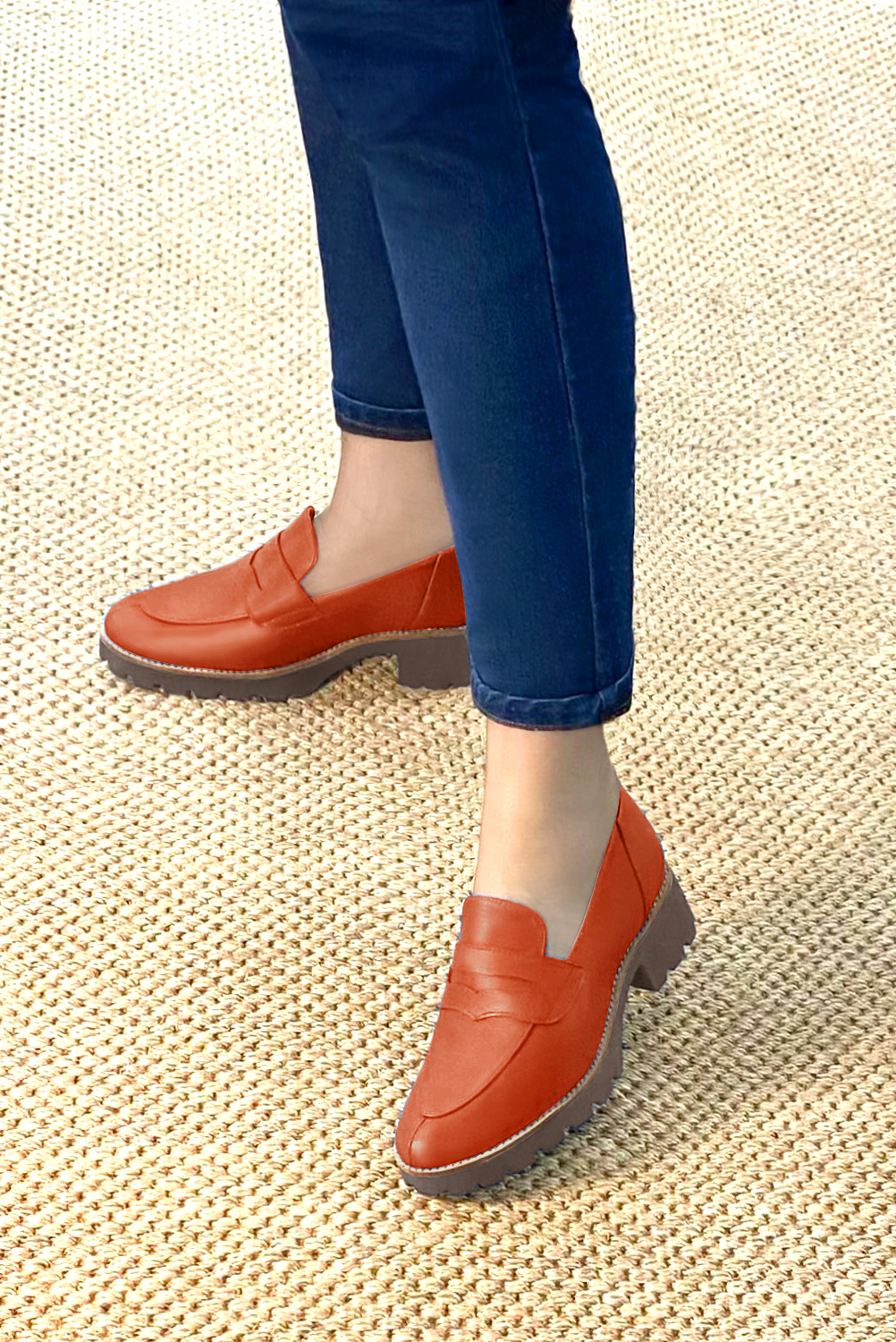 Terracotta orange women's casual loafers. Round toe. Low rubber soles. Worn view - Florence KOOIJMAN